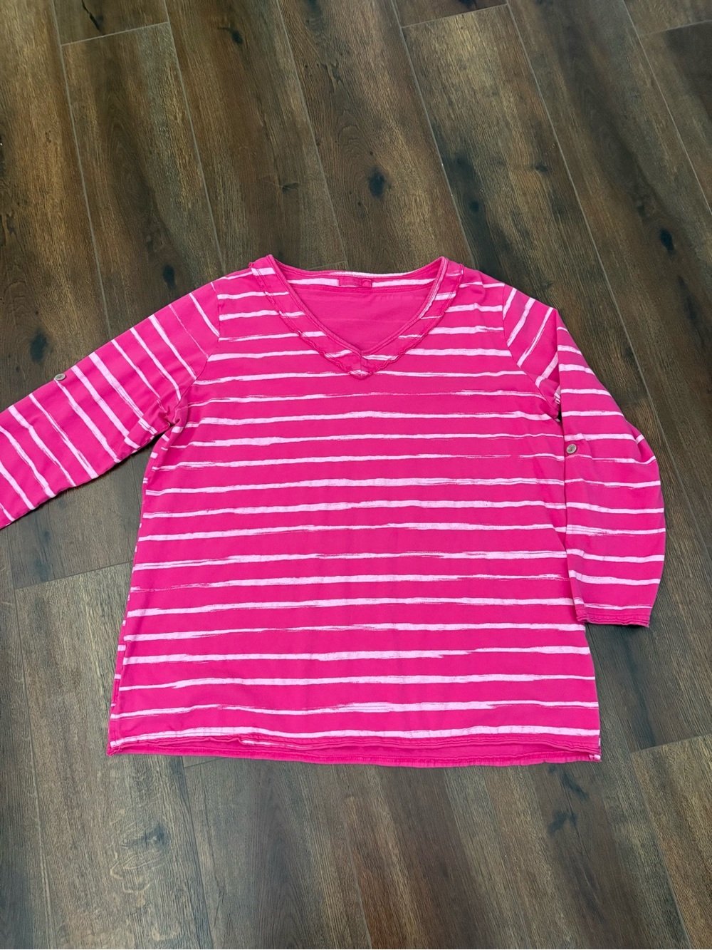 fresh produce Pink and White Striped V-Neck Long Sleeve Top 100% Cotton